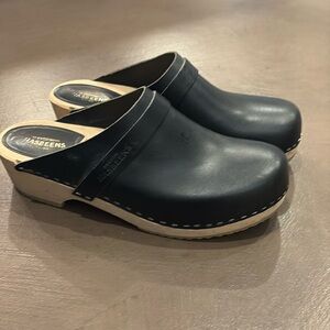 Swedish Hasbeens Black Leather Mules